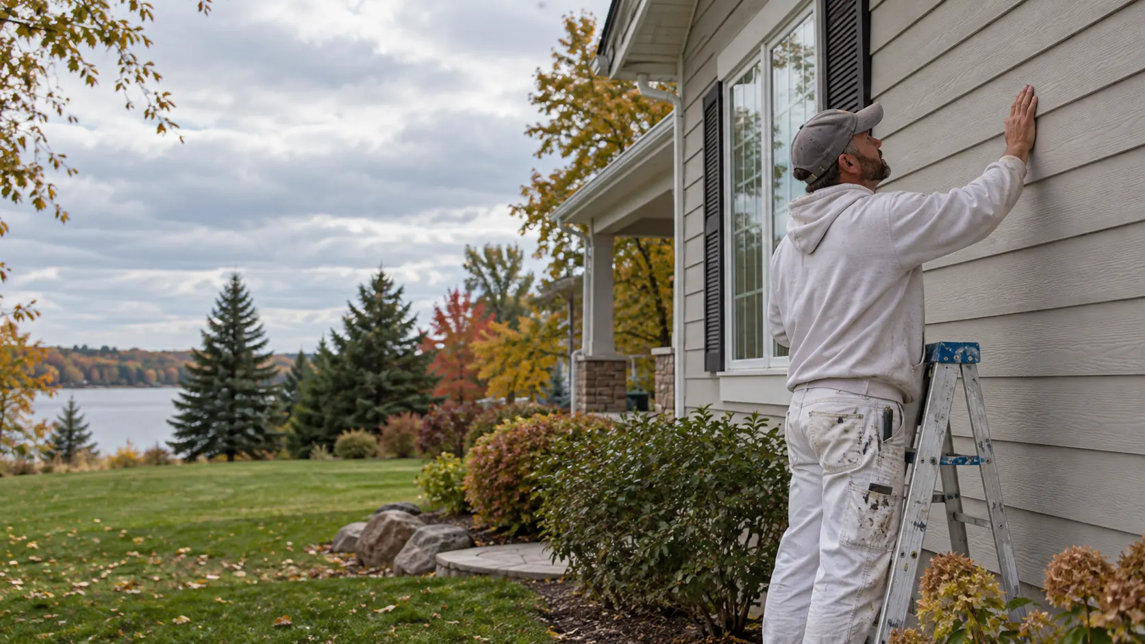 Painter assessing siding during cloudy Wisconsin exterior painting weather