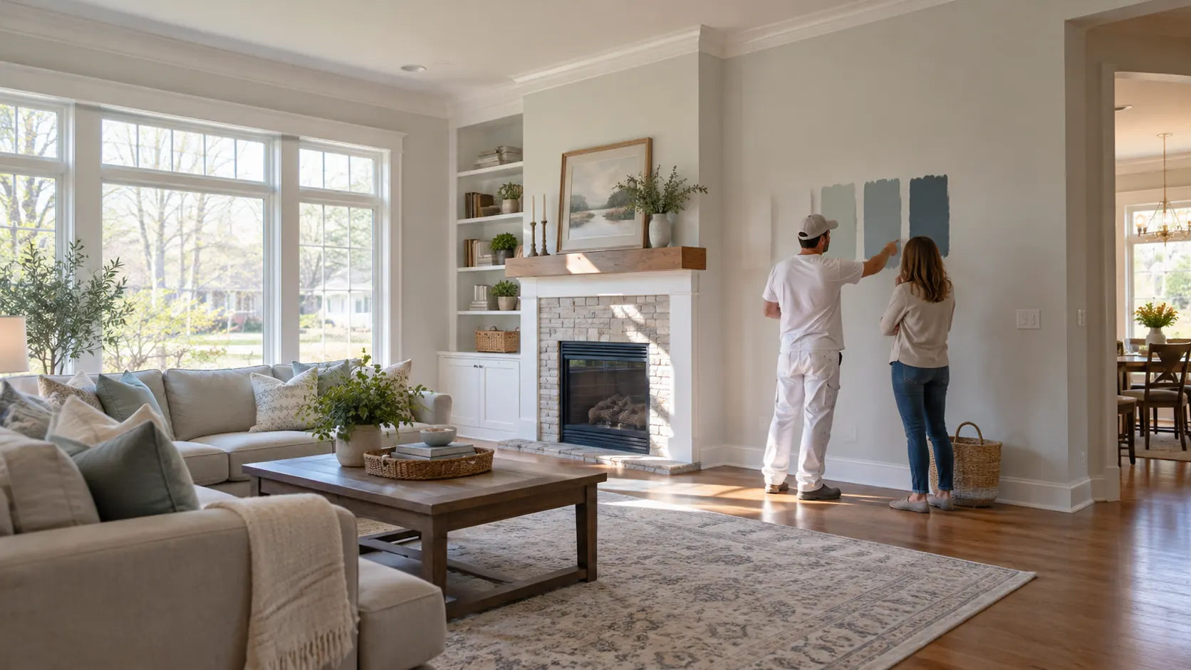 Homeowner and painter checking paint sample colors on a wall in daylight