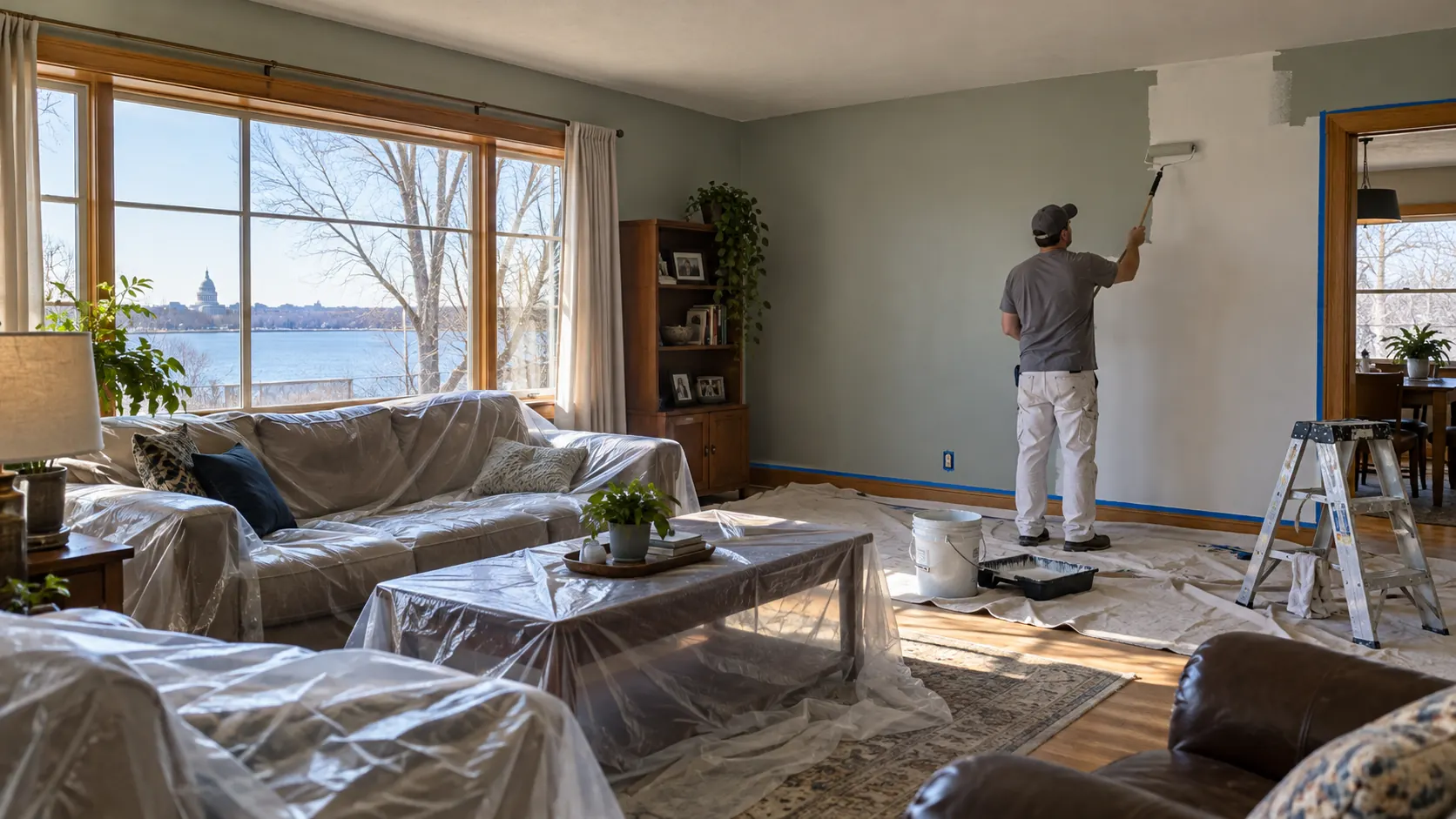 Painter working on a living room wall with furniture protected across the room