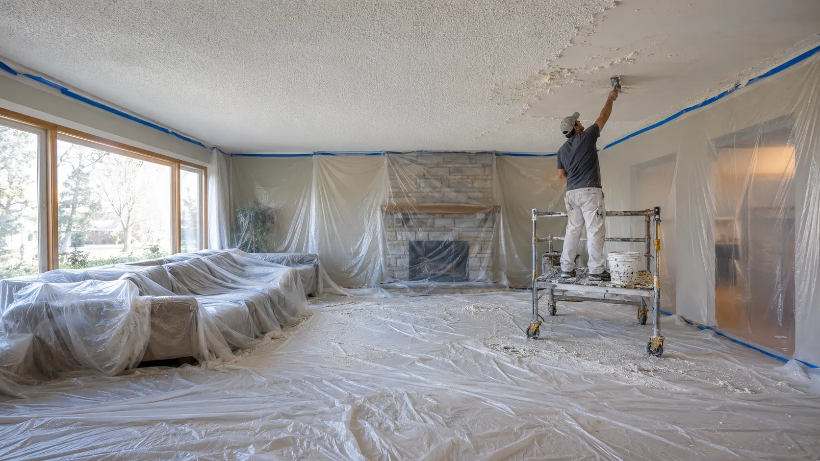 Painter removing ceiling texture in a fully protected living room