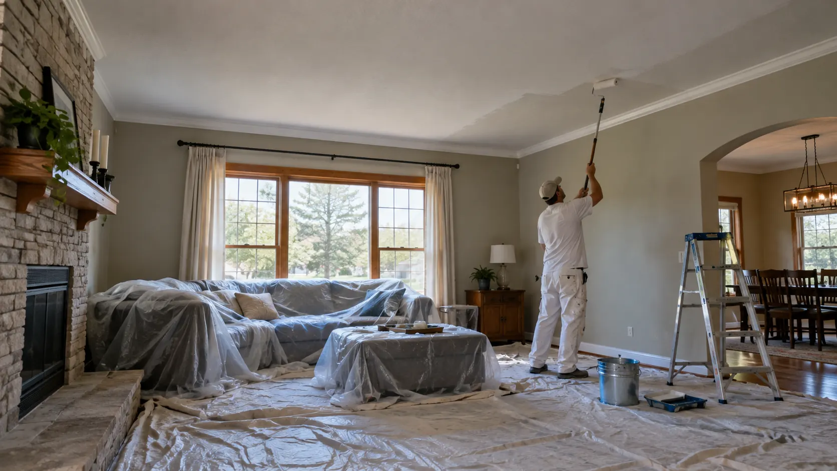 Painter rolling a living room ceiling with furniture and floors protected