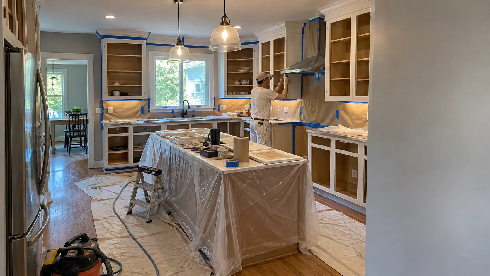 Painter preparing kitchen cabinets in a protected room before refinishing